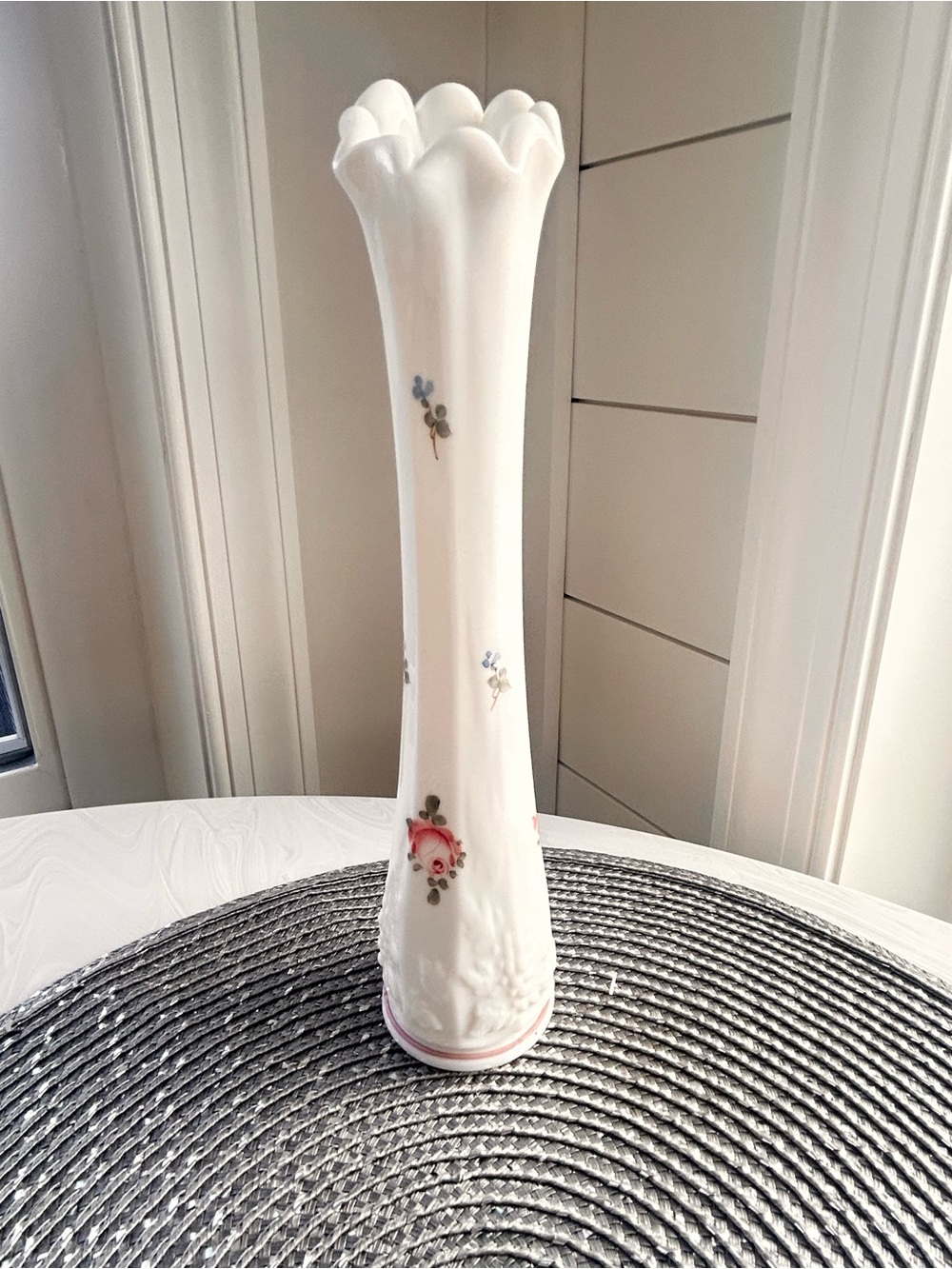 Westmoreland White Milk Glass Bud Vase with Pink Roses and Blue